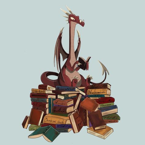 Dragon reading with books in a big hoard Dragon Hoarding Books, Book Dragon Tattoo, Dragon Reading A Book, Open Book Illustration, Dragons Hoard, Characters Reading, Dragon Pics, Dragon Hoard, Animal Line Drawings