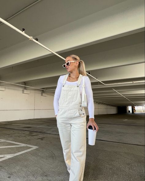 Off White Overalls, Cute White Overall Outfits, Creme Overalls Outfit, Overalls Outfit Teacher, Styling White Overalls, White Overalls Outfit Winter, White Denim Overalls Outfit, Pregnant Overalls Outfit, Spring Overalls Outfit