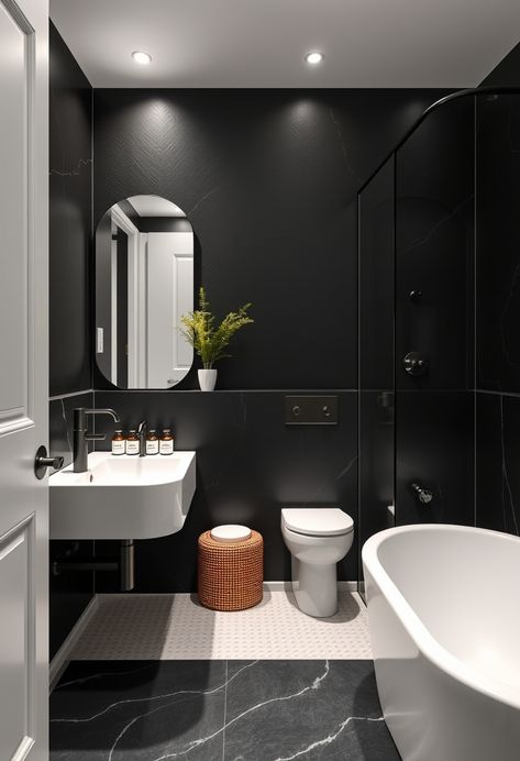 Create a striking and sophisticated look with bold black walls and white accents. Perfect for a modern bathroom! #BlackAndWhite #BathroomDesign #BoldDecor Black Bathroom Paint, Small Dark Bathroom, Popular Bathroom Colors, Bathroom Wall Colors, Dark Bathroom, Dark Bathrooms, Bold Decor, Bathroom Paint, Perfect Bathroom