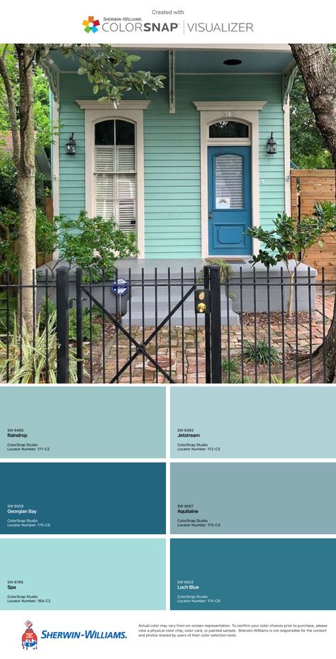 White House Teal Trim, Tiny Home Paint Colors Exterior, Turquoise Cottage Exterior, Bright House Colors Exterior, Tropical Blue Exterior House Colors, Teal Beach House Exterior, Aqua Exterior House Colors, Unique Exterior House Colors Paint, Tiffany Blue House Exterior