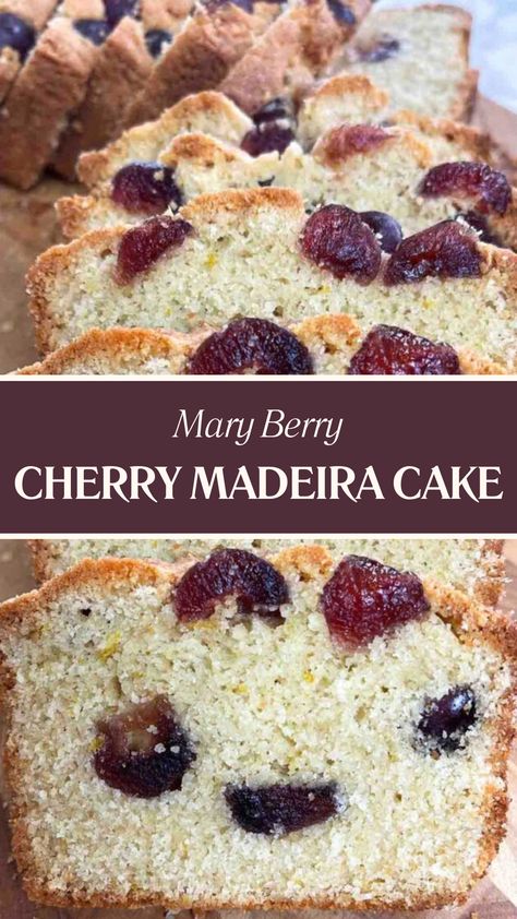 Mary Berry Cherry Madeira Cake Cherry Madeira Cake Recipe, Mary Berry Cherry Cake, Maderia Cake, Mary Berry Chocolate Tray Bake, Mary Berry Chocolate Cake, Mary Berry Tray Bakes, Mary Berry Baking, Cherry Loaf Cake, Jam Cake Recipe