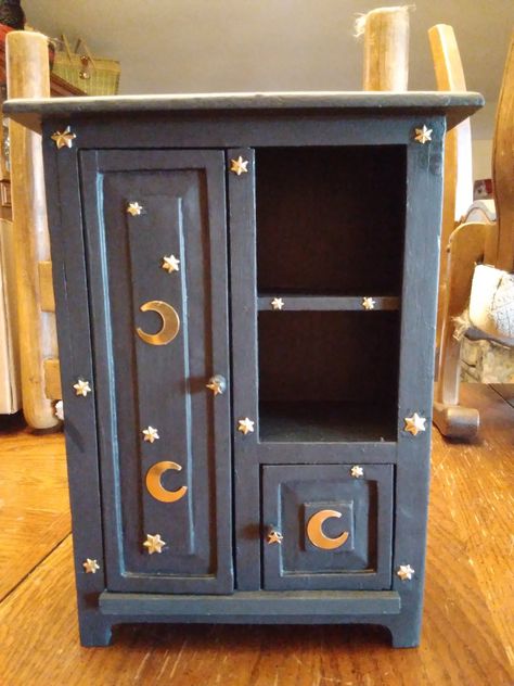 Painting On Furniture Aesthetic, Whimsigothic Bookshelf, Painted Dresser Aesthetic, Celestial Jewelry Box, Whimsigoth Bedroom Blue, Whimsigoth Furniture Diy, Painted Jewelry Cabinet, Witch Boxes Painted, Blue Goth Room