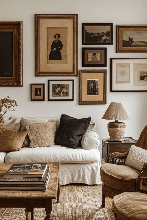 Create a vintage gallery wall with curated art and antique frames for a classic aesthetic. #VintageGallery #WallArt #CuratedStyle Classic Apartment, Antique Living Room, Vintage Gallery Wall, Gallery Wall Bedroom, Thrifted Home, Unique Gallery Wall, Vintage Gallery, Living Room Decor Inspiration, Classic Aesthetic