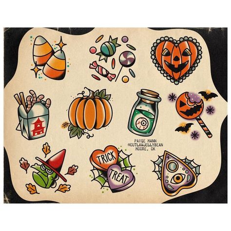 Pumpkin Heart Tattoo, Pumpkin American Traditional Tattoo, Horror Movie American Traditional Tattoo, Traditional Tattoo Art Halloween, Halloween Candy Tattoo Ideas, Vintage Halloween Tattoos For Women, Pumpkin Tattoo Traditional, Autumn Theme Tattoo, Autumn Flash Tattoo