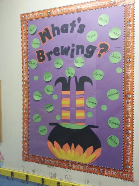 What's brewing? #Witch #bulletinboard! #October! #Halloween! What’s Brewing Bulletin Board, Spa Break, Halloween Doors, Halloween Bulletin Boards, Fall Bulletin Boards, Preschool Bulletin, Preschool Bulletin Boards, October Halloween, Door Decorations Classroom