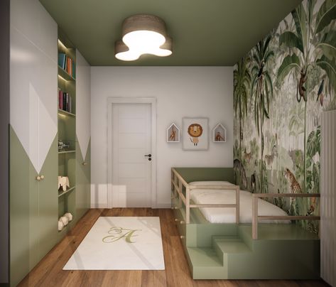 Joyful kids' bedroom with green wall coverings and a bed featuring under storage: A vibrant and playful space that incorporates lively green hues, practicality, and imagination, providing a cheerful and organized environment for children to thrive and explore. 🌈🛏️🌿🎨🧸🌟 Green Childrens Bedroom, Boys Bedroom Green, Colorful Kids Bedroom, Green Kids Rooms, Kids Room Grey, Green Bedroom Walls, Dinosaur Bedroom, Boys Room Design, Bedroom Color Combination