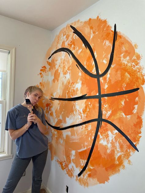 Space Jam Bedroom Ideas, Basketball Mural Bedroom, Basketball Accent Wall, Basketball Room Design, Diy Sports Room Decor, Boys Room Basketball Theme, Basketball Decorations For Room, Diy Basketball Decorations, Basketball Toddler Room