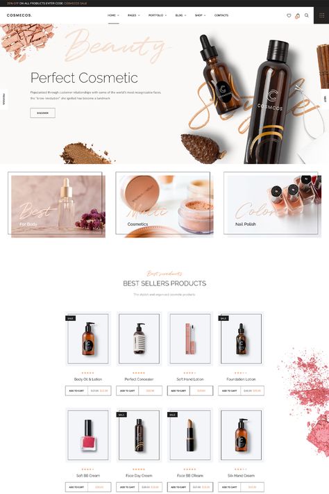 The "Cosmecos - Cosmetics & Perfumes WordPress Theme" is a specialized theme designed for businesses in the cosmetics and perfumes industry. It provides a range of features and customization options tailored to create an elegant and functional e-commerce website for selling cosmetics and fragrance products. Website Home Page, E Commerce Website, Organic Cosmetics, Woocommerce Themes, Website Themes, Hand Lotion, Bb Cream, Theme Design, Beauty Cosmetics