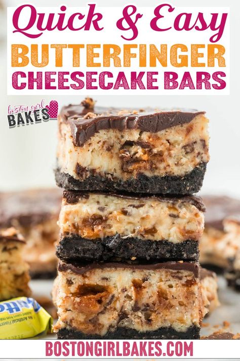 These Butterfinger cheesecake bars might look difficult to make but it is totally quick and easy! They have a lovely Oreo crust and creamy cheesecake layer with peanut butter Butterfinger cookies folded in and then topped with a chocolate ganache. Sweet, delicious, and satisfying! What is there not to like?! These candy bars are sweet, crunchy, and decadent which pairs well with the soft creaminess of cheesecake. That’s why I made these Butterfinger cheesecake bars. | @bostongirlbakes Heavenly Dessert Recipe, Butterfinger Cheesecake, Butterfinger Cookies, Cheesecake Layer, Oreo Cookie Crust, Cheesecake Bar Recipes, Dessert Bar Recipe, Oreo Crust, Peanut Butter Frosting