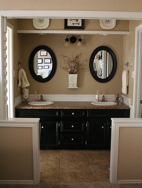 elegant master bath Double Sinks, Half Walls, Bathroom Closet, Bad Inspiration, Brown Bathroom, Bath Room, Black Cabinets, Beige Walls, Bathroom Colors