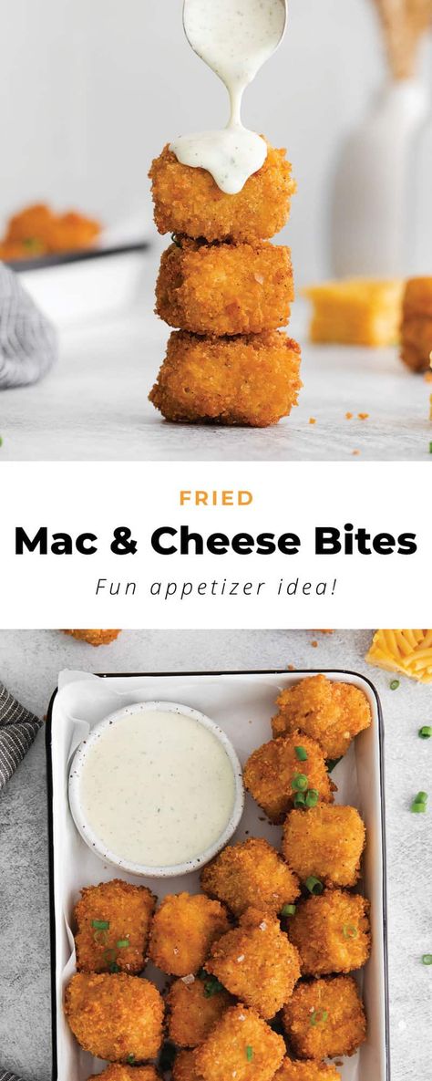 Max And Cheese Balls, Max N Cheese Bites, Fried Mac N Cheese Bites, Mac And Cheese Bites Dipping Sauce, Easy Dinner Recipes Mac And Cheese, Gouda Mac And Cheese Bites, Fried Mac And Cheese Bites Recipe, Things To Bring To A Party, Deep Fried Mac And Cheese Bites