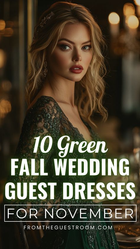 a woman wears a green fall wedding guest dress for november Fall Wedding Guest Dress Green, Emerald Green Dress For A Wedding Guest, November Wedding Dress Guest, Olive Green Wedding Guest Dress, Sage Wedding Guest Dress, Dark Green Wedding Guest Dress, Olive Green Dress Outfit Wedding, Emerald Green Dress Wedding, Autumn Wedding Dress Guest