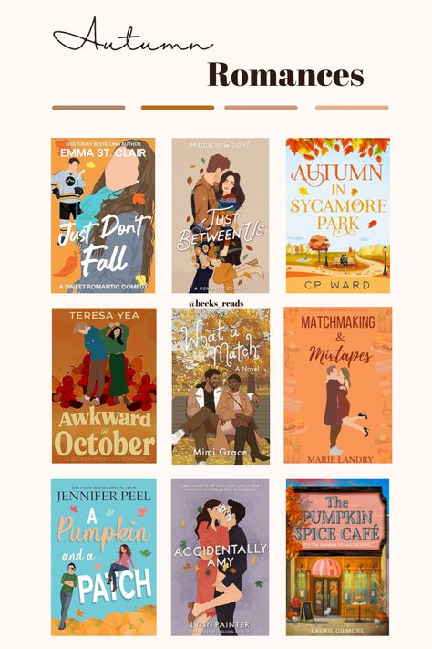 Autumn romance books! How To Pick Books For Book Club, Books To Read During Fall Aesthetic, Fall Romance Books To Read, Book To Read In Autumn, Halloween Rom Com Books, Cozy Books To Read In The Fall, Fall Rom Com Books, Fall Books To Read Romance, Books That Feel Like Fall