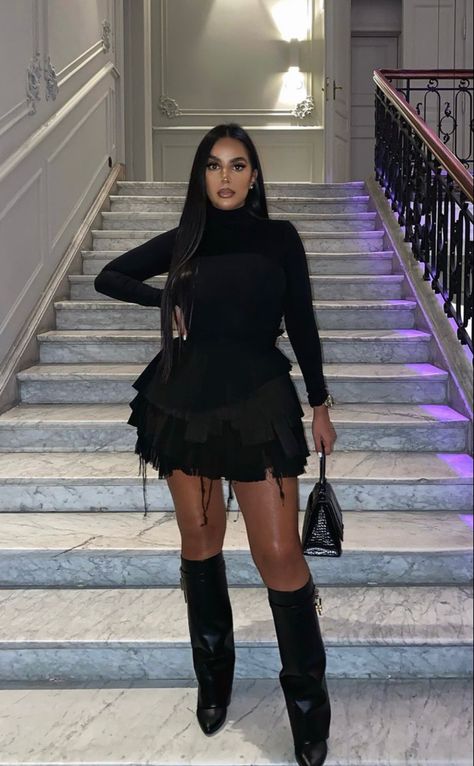 Gstaad Outfit, Grey Tights Outfit Black Women, Givenchy Boots Outfit Black Women, Thigh High Boot Birthday Outfit, Black Tights Outfit Black People, Black Pleated Skirt Outfit Winter, Bubble Dress Outfit, Black Winter Streetwear Skirt, Black Pleated Skirt Outfit