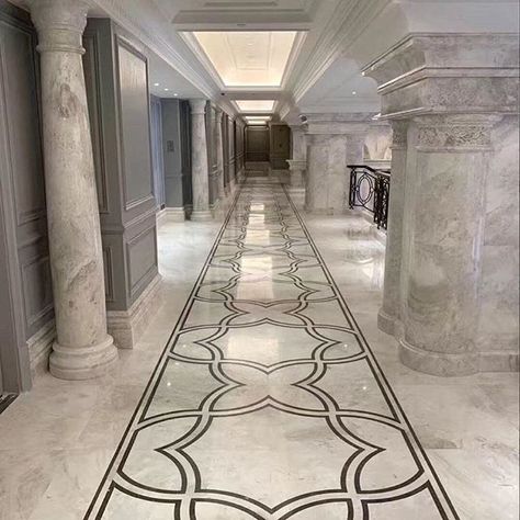 Natural stone  mosaic floor #renovators #tiletraders #tiledesign #tiledecor #interiordeigner #trendingtiles #floortiles #walltiles #homerenovation #luxuryhome #polishedfloor #mattfloor #bathroomtransformation #bathroomtiles #bedroommakeover #spacedesign #tileinstallation #tilecentremalaga #tileshopperth #malagatilecentre #tileinstallationmalaga #localtilesupplier #mosaic #Marble #marble #granitecountertops #granite #housedecor #hotel #interior Water Jet Marble Design, Water Jet Marble, Marble Inlay Floor, Classic Interior Design Luxury, Stone Mosaic Floor, Inlay Flooring, Marble Flooring Design, Mosaic Marble, Natural Stone Mosaic