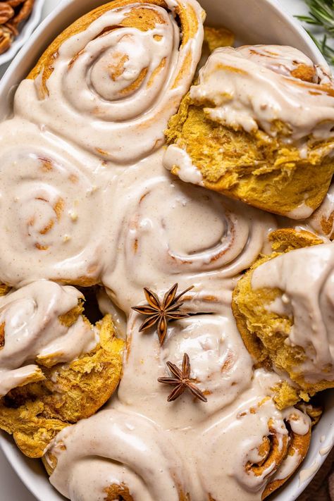 Vegan Sweet Potato Cinnamon Rolls | Simple Healthy Recipes, Complex Flavors | Orchids + Sweet Tea Pumpkin Sweet Potato Recipes, Vegan Sweet Potato Dessert, Sweet Potato Cinnamon Roll Cake, Vegan Pumpkin Roll, Vegan Pumpkin Cinnamon Rolls, Pecan Glaze Recipe, Sweet Potato Donut Recipe, Ambitious Kitchen Pumpkin Cinnamon Rolls, Pumpkin Chai Cinnamon Rolls