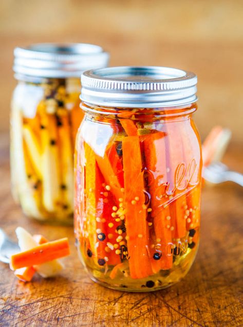 I love vinegar and vinegary foods. Pickling carrots and parsnips is how I’ve been getting my vinegar groove on lately. If you’ve never pickled anything, this method is so fast and easy, and you have nothing to fear. It’s a 10-minute project, and a perfect way to bottle up summmertime. Or any time you have … Quick Pickled Vegetables, Pickled Carrots, Pickled Veggies, Pickled Vegetables, Gf Recipes, Pickling Recipes, Parsnips, Fermented Foods, Canning Recipes