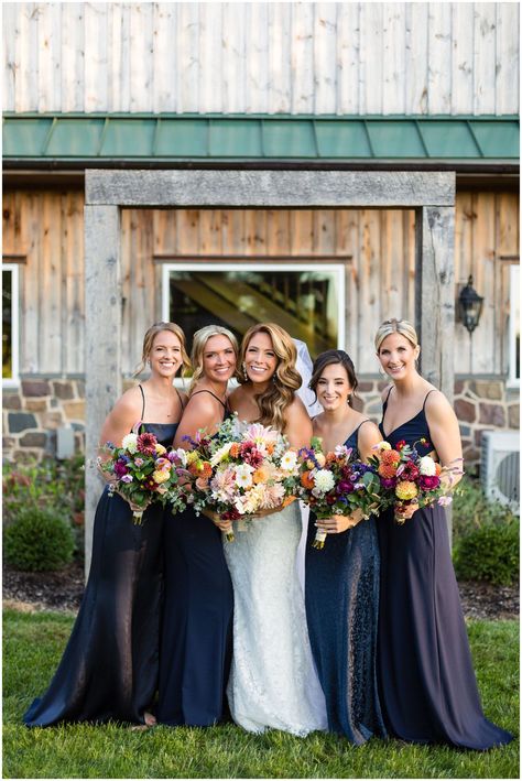 Navy Blue Wildflower Wedding, Navy And Wildflower Wedding, Wedding Colors With Navy Blue, Navy Blue Bridal Party, Navy Summer Wedding, Navy Bridal Parties, Dark Blue Bridesmaid Dresses, Groovy Wedding, Ryan Ashley