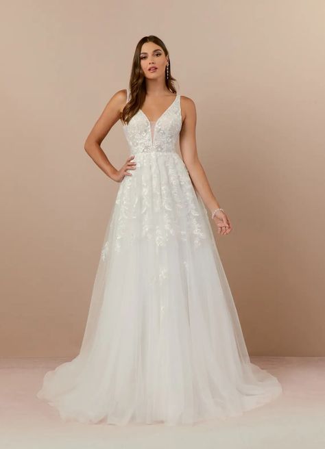 Diamond White/Champagne Azazie Sorella A-Line V-Neck Sequins Tulle Chapel Train Dress | Azazie Wedding Dress With Thick Straps, Dress With Thick Straps, Wedding Dresses Diamonds, Plus Size Bridal Dresses, Chapel Train Wedding Dress, White Champagne, Perfect Wedding Dress, Little White Dresses, Bride Bridal