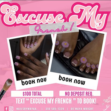 HEY👀! - I’m EXCITED to announce our permanent “Excuse My French” deal! - For just $100, you can get a set of French tip nails ( ALL 10 FINGERS NO EXTRA DESIGNS ) & French tip acrylic toes! - This is saving you $20 from the usual $120 rate that this service would go for . - GUESS WHAT😍! No deposit needed! - This is my way of showing love and saying thank you for all the support. - TEXT “ EXCUSE MY FRENCH “ & BOOK YOUR APPOINTMENT! #nailtechintylertx #etxnailtech #tylertxnailtech #... French Tip Acrylic Toes, Excuse My French, French Tip Acrylics, Nail Business, Acrylic Toes, Showing Love, Tyler Tx, Tip Nails, French Books