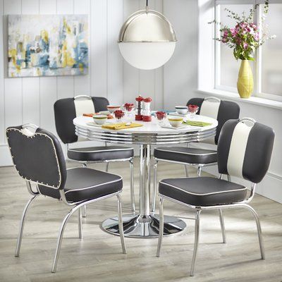 Latitude Run Sherly Retro 5 Piece Dining Set Chair Color: Retro Dining Table, White Round Tables, Retro Dining Chairs, Faux Leather Chair, 3 Piece Dining Set, Retro Table, Dining Furniture Sets, White Dining Chairs, 5 Piece Dining Set