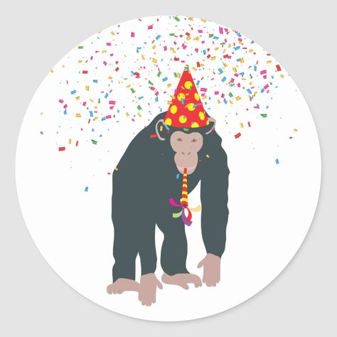 Monkey Chimpanzee Partying Animals Having a Party Monkey Chimpanzee, Party Illustration, Monkey Party, Party Horns, Animal Illustrations, A Monkey, Kids Room Art, Party Hat, Animal Illustration