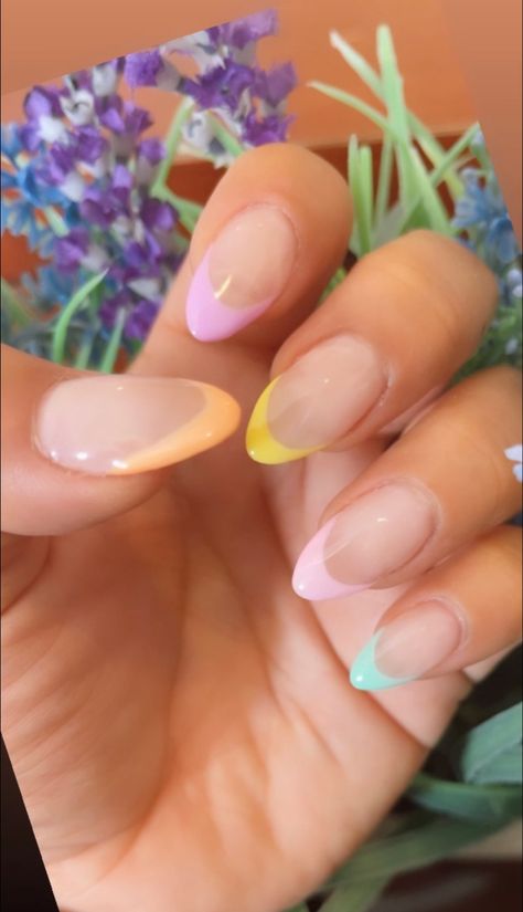 Almond Nails French Tip Color Pastel, Pastel Almond Shaped Nails, Pastel French Nails Almond, Pastel Tip Nails Almond, Pastel Tip Acrylic Nails, Almond French Tip Color, Pastel French Tip Nails Almond, Almond Nails Pastel Colors, Almond Pastel Nails