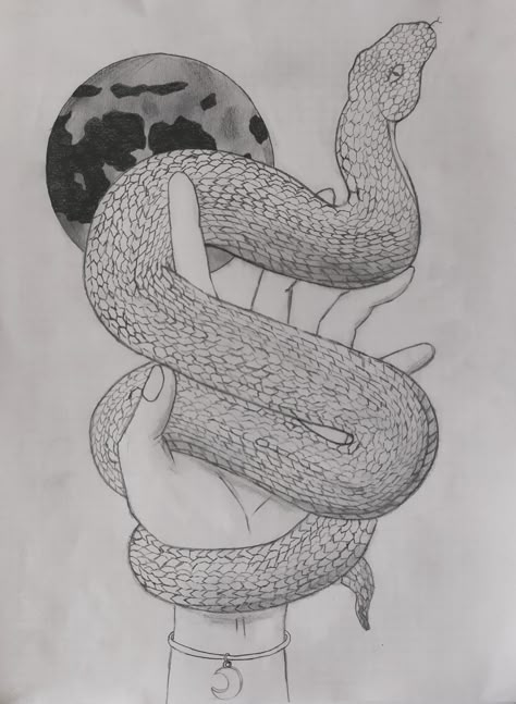 So much work for me, this was so difficoult. I copied a drawing found here on Pinterest. #snake #hand #drawing #handdrawing #snakedrawing #moon #moondrawing Snake And Hand Drawing, Hand With Snake Drawing, Snake In Hand Drawing, Snake On Hand Drawing, Snake Hand Drawing, Drawings Of Snakes, Snake On Hand, Snake Drawing Sketches, Serpent Drawing