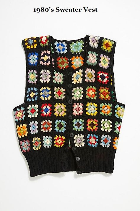 Sweater Crochet Vest (also called a pot holder vest) Granny Stitch Vest, Squared Clothes, Granny Sweater, Vintage Sweater Vest, Crochet Sweater Vest, Granny Square Sweater, Crochet Men, Vest Sweater, Crochet Winter