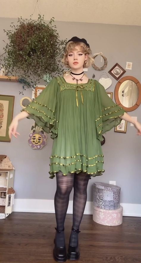 Fairycore Aesthetic Dress, Cottagecore Women Outfit, Upcycled Fashion Inspiration, Cottage Fashion Aesthetic, Fantasy Cottagecore Aesthetic Outfits, Short Hippie Dress, Cottagecore Tights, Aesthetic Clothes Cottagecore, Fairy Core Outfits Summer