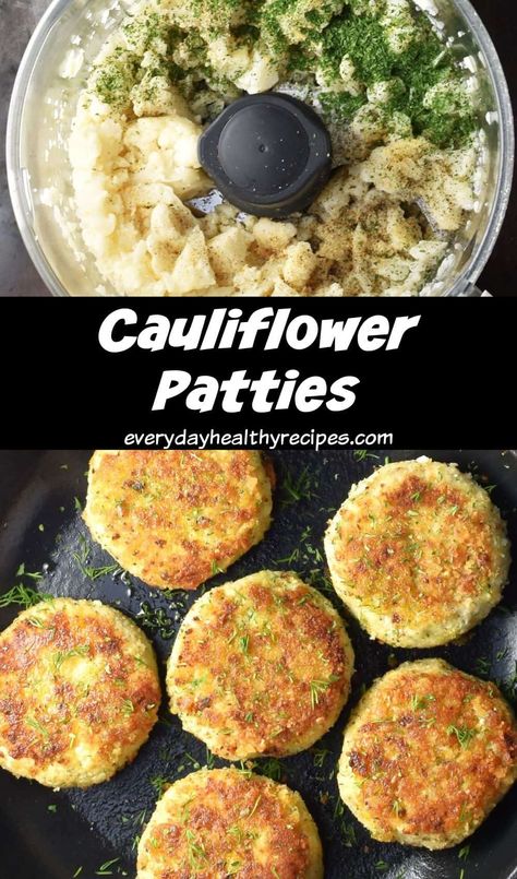 Top down view of cauliflower and herbs in food processor and cooked cauliflower patties in pan. Cauliflower Burger Patties, Cauliflower Patties Recipes, Cauliflower Rice Patties, Riced Cauliflower Patties, Cauliflower Cheese Patties, Veggie Patty Recipe, Cauliflower Greens, Cauliflower Recipes Easy, Vegan Cauliflower Fritters