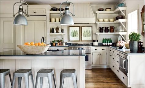 galvanized Kitchen With White Cabinets, Industrial Decor Kitchen, Shelves Wood, Basement Kitchen, Shore House, Pretty Kitchen, Atlanta Homes, Industrial Kitchen, Range Hoods