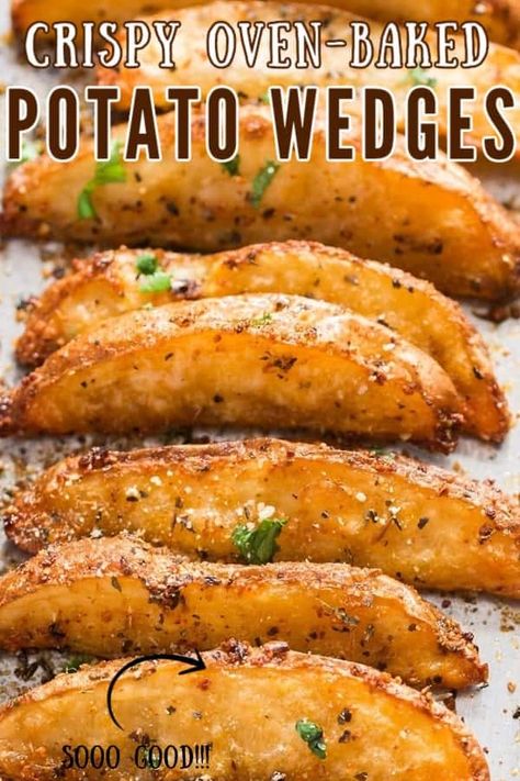 These Baked Potato Wedges comes out of the oven truly crispy on the outside and so tender on the inside.  With garlic and Parmesan seasoning, these potato wedges are so, so, so good! Perfectly seasoned, baked in oven for less guilt snacking. #potatowedges #bakedpotatowedges #ovenbakedpotatowedges #crispypotatowedges #healthypotatowedges #partyrecipes #superbowl #Parmesan #seasonedpotatowedges #schoolsnacks Wedges Potato, Baked Potato Wedges Recipe, Parmesan Baked Potatoes, Seasoned Potato Wedges, Baked Potato Wedges, Crispy Potato Wedges, Roasted Potato Wedges, Health Memes, Potato Wedges Recipe