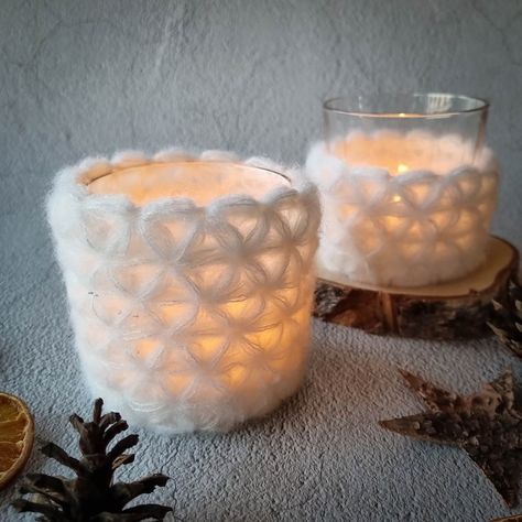 Jasmine Stitch Candle Cozy Pattern For Crocheters … Say Hello To This Versatile Gift! | KnitHacker Crochet Candle Cozy, Crochet Candle Holder, Crochet Candle, Candle Cozy, Mason Jar Cozy, Jasmine Candle, Candle Fire, Jasmine Star, Cozy Crochet Patterns