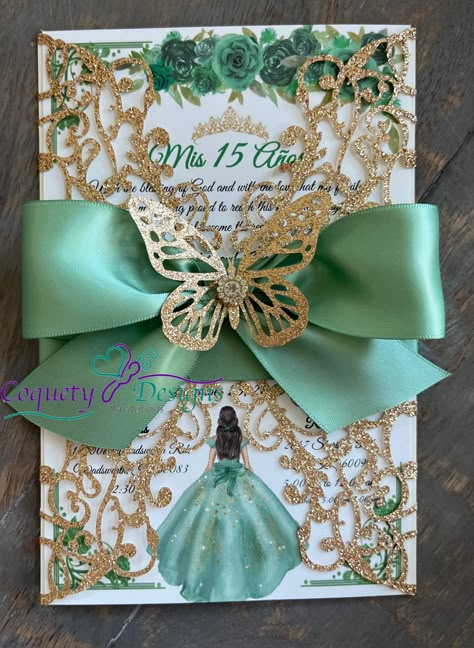 Enchanted Forest Theme Quinceanera, Sage Green Butterfly, Enchanted Forest Quinceanera Theme, Green Quinceanera Theme, Tiana Birthday Party, Princess Sweet 16, Butterfly Invitation, Sweet 15 Party Ideas Quinceanera, Sweet 15 Party Ideas