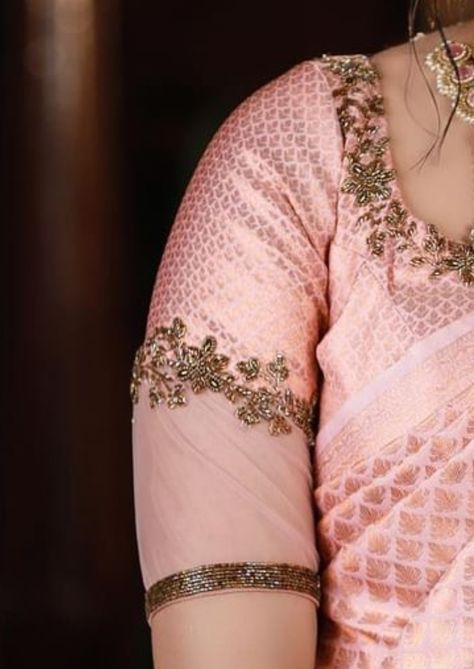 Net Hands Blouse Designs Latest, Transparent Sleeves Blouses, Net Sleeve Blouse Designs, Net Blouse Aari Work, Trending Aari Work Blouse Designs, Net Hands Blouse Designs, Blouse Maggam Work, Silk Saree Blouse Designs Patterns, Netted Blouse Designs