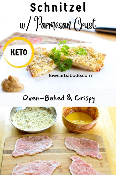 Thinly pounded pork chops baked to a crispy perfection in a parmesan crust! Make this Keto Schnitzel for your easy dinner meal tonight. Pounded Pork Chop Recipes, Keto Schnitzel, Keto Chicken Schnitzel, Keto Schnitzel Pork, Keto Pork Schnitzel Recipe, Keto Breaded Pork Chops, Oven Baked Pork Schnitzel Recipe, Breaded Pork Cutlets Baked, Pork Chops Baked