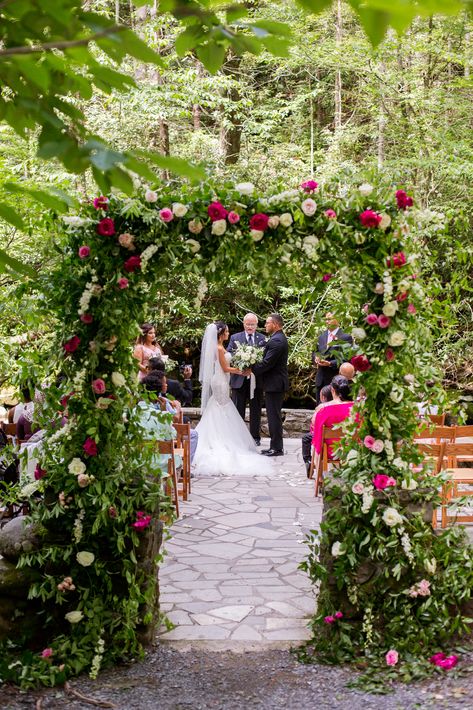 Spence Cabin Wedding Great Smoky Mountains, Spence Cabin, Pink Flowers Roses, Dark Pink Flowers, Smoky Mountain Wedding, Cabin Wedding, Arch Decoration, Light Pink Flowers, National Park Wedding