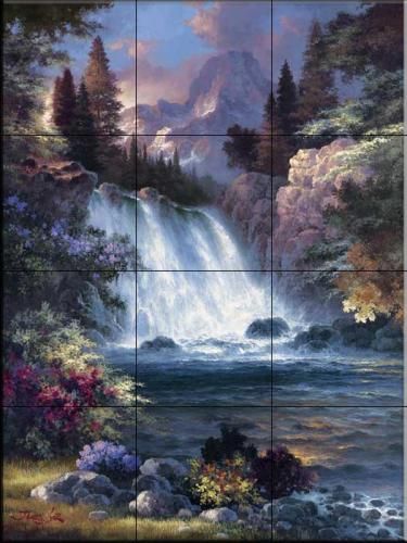 JL-Sunrise Falls - Tile Mural Tuscan Tile, Backsplash Mural, Shower Backsplash, Backsplash Wall, Mediterranean Tile, James Lee, View Landscape, Shower Surround, Tile Projects