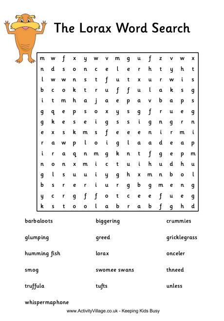 The Lorax Word Search - The Lorax, by Dr Seuss, has some really wonderful words in it - and many of them are here in this word search puzzle for the kids to find and enjoy! The Lorax Activities 2nd Grade, Lorax Worksheets, Lorax Crafts, Lorax Activities, The Lorax Activities, Lorax Party, Dr Seuss Classroom, Dr Seuss Activities, Dr Seuss Crafts