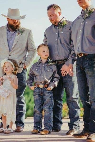 Wedding rustic barn cowboy dressed outfits groomsmen flower girl ring groom Texan Wedding, Country Wedding Groomsmen, Country Wedding Attire, Country Wedding Pictures, Jeans Wedding, Smith Wedding, Devon Wedding, Marry Your Best Friend, Cowboy Wedding