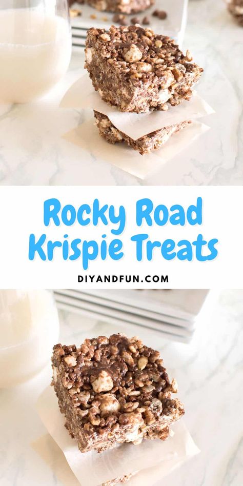 Easy Rocky Road Krispie Treats, a simple no bake recipe for a tasty dessert treat featuring Cereal, chocolate, and marshmallows. Rocky Road Rice Krispie Treats, Easy Rocky Road, School Birthday Treats, Rice Crispy Treats Recipe, Rocky Road Recipe, Popular Desserts Recipes, Cereal Bar, Rocky Road, Crispy Treats