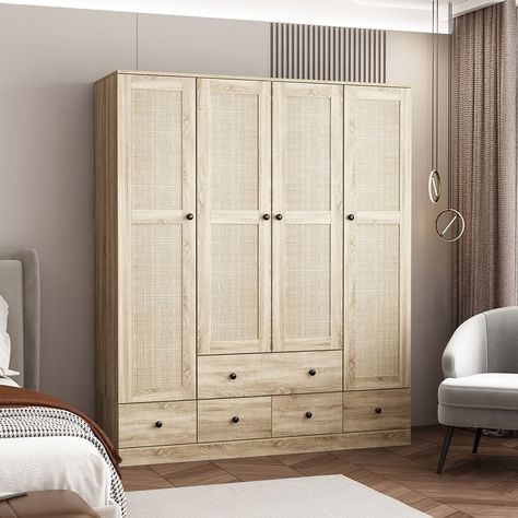 Large Storage Wardrobe Versatile Rattan Door Closet with Deep Drawers - Bed Bath & Beyond - 39983007 Hanging Drawers, Armoire Wardrobe Closet, Armoire Dresser, Wood Armoire, Bedroom Armoire, Closet Cabinets, Wardrobe Cabinets, Wardrobe Armoire, Online Furniture Shopping