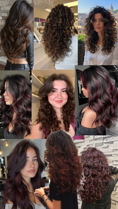 Curly hair curtain bangs cut with dark red highlights Curtain Bangs Cut, Curly Hair Curtain Bangs, Dark Red Highlights, Hair Curtain Bangs, Bangs Cut, Curly Highlights, Red Hair With Highlights, Highlights Curly Hair, Red Curly Hair