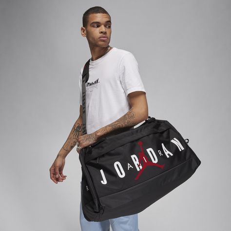 Whether you need a way to haul your gear to the game or you need a spacious overnight bag, this duffle has you covered. The main zippered compartment has an inner zippered drop pocket to help you keep smaller items in their place and there is a shoe garage on the side to keep things clean and organized. Overnight Bag, The Game, Black Fashion, Duffle Bag, Jordan, Garage, Nike, Zipper, Black