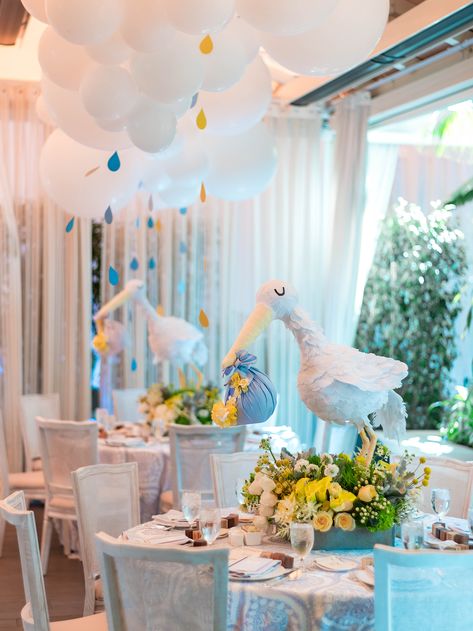 Stork Baby Shower Theme, Baby Shower Decorating Ideas, California Baby Shower, Rain Baby Showers, Storch Baby, Winter Baby Shower Decorations, Clouds And Rain, Rain Baby, Stork Baby Showers