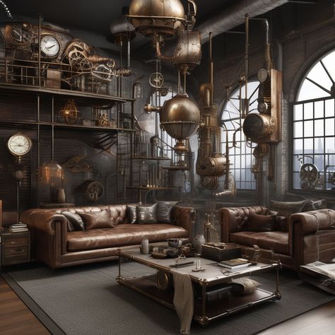 "steampunk" - Playground Steampunk Living Room, Steampunk Room, Steampunk Rooms, Steampunk Bathroom, Industrial Living Room Design, Industrial Living Room, Steampunk Industrial, Industrial Living, Industrial Livingroom