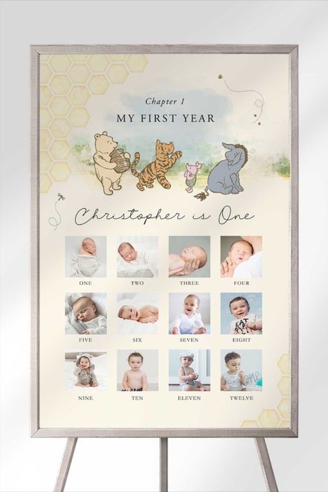 Capture your little one's first year with a Winnie the Pooh photo milestone chart! 🐻🎉 Perfect for a first birthday celebration, this adorable chart showcases photos from each month alongside classic Pooh designs. A sweet way to celebrate your child's precious milestones!  #winniethepoohbirthday #winniethepoohmilestonechart #ourlittlehunnyisone Classic Winnie The Pooh Birthday, Pooh First Birthday, Milestone Chart, Pooh Birthday, Winnie The Pooh Birthday, Classic Winnie The Pooh, Birthday Milestone, Baby Dino, Chart Template