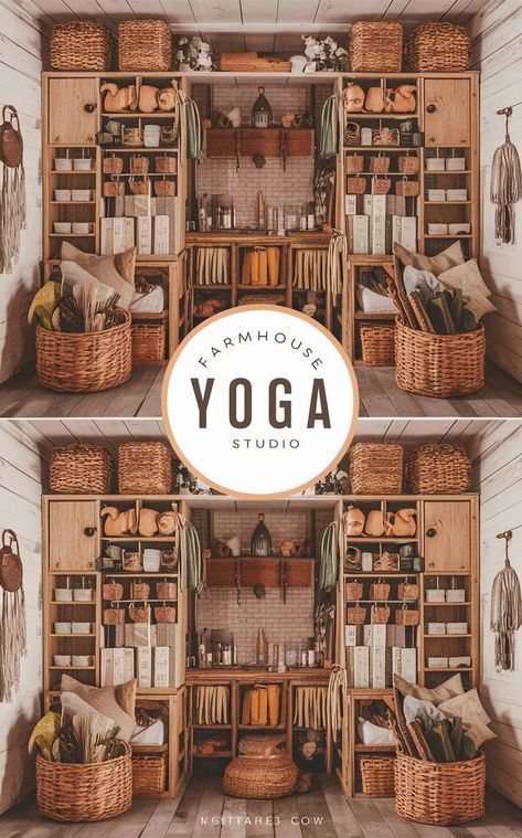 A farmhouse-inspired yoga studio with cozy and organized merchandise and gear storage. Yoga Equipment Storage, Gear Storage, Equipment Storage, Yoga Gear, Yoga Equipment, Farmhouse Charm, Yoga Studio, Storage Solution, Storage Solutions