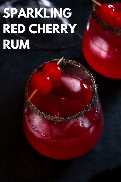 sparkling red cherry rum limeade cocktail for Halloween Cherry Halloween Cocktail, Maraschino Cherry Drinks, Halloween Cocktail Rum, Red Party Drinks Alcohol, Red Rum Cocktails, Red Themed Cocktails, Red Liquor Drinks, Halloween Rum Cocktails, Cherry Rum Cocktails